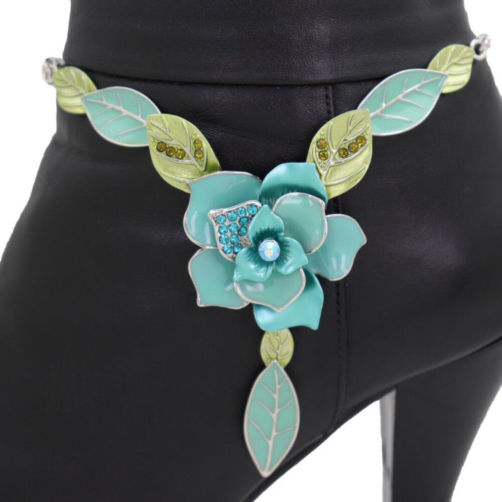 Women Silver Metal Chain 2 Boot Bracelet Shoe Anklet Baby Blue Flower Charm PAIR - Picture 2 of 16